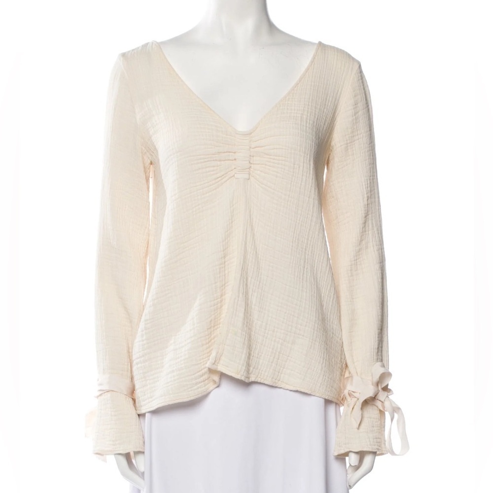 New Raquel Allegra Gauze Tie Sleeve Neutral Blouse Top Ivory V Neck Cinched Soft